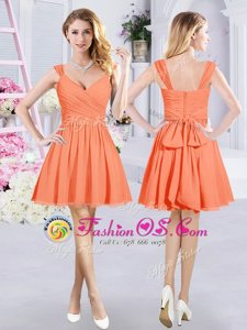 Orange A-line Chiffon Straps Sleeveless Ruching and Belt Mini Length Zipper Bridesmaids Dress
