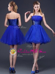 Great Royal Blue Sleeveless Beading and Ruching Mini Length Court Dresses for Sweet 16