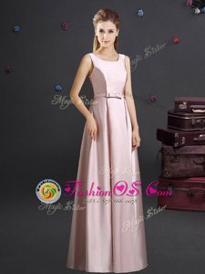 Square Pink Zipper Bridesmaid Dress Bowknot Sleeveless Floor Length