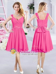 Comfortable Straps Sleeveless Quinceanera Court of Honor Dress Knee Length Ruching and Belt Hot Pink Chiffon
