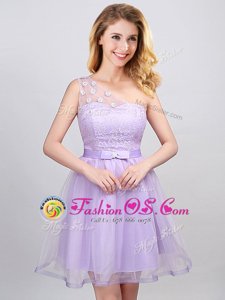 Perfect One Shoulder Mini Length Lavender Wedding Party Dress Tulle Sleeveless Lace and Appliques and Belt