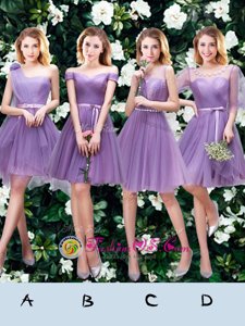 Super One Shoulder Beading and Appliques and Ruffles and Ruching and Belt and Hand Made Flower Damas Dress Lavender Lace Up Sleeveless Mini Length