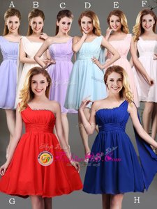 Stunning One Shoulder Red and Champagne Sleeveless Mini Length Beading and Ruching Zipper Bridesmaids Dress