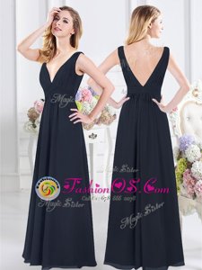 Empire Bridesmaid Gown Navy Blue V-neck Chiffon Sleeveless Floor Length Backless