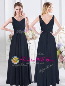 Custom Design Ruching Bridesmaid Gown Navy Blue Zipper Sleeveless Floor Length