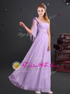 Lavender Chiffon Zipper One Shoulder Sleeveless Floor Length Dama Dress for Quinceanera Ruching