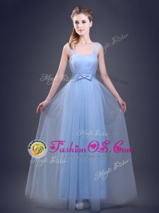 Straps Floor Length Lace Up Vestidos de Damas Light Blue and In for Prom and Party and Wedding Party with Ruching and Bowknot