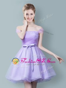 Admirable Lavender Tulle Zipper Off The Shoulder Sleeveless Knee Length Bridesmaids Dress Ruching and Bowknot