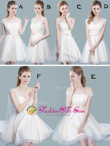 Suitable Straps Champagne Tulle Zipper Bridesmaids Dress Cap Sleeves Knee Length Ruching and Bowknot