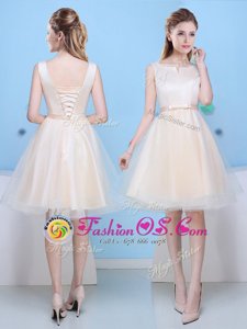 Custom Designed Knee Length Champagne Quinceanera Court Dresses Scoop Sleeveless Lace Up