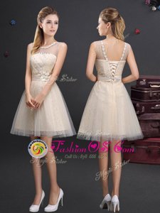 A-line Wedding Party Dress Champagne Scoop Tulle Sleeveless Mini Length Lace Up