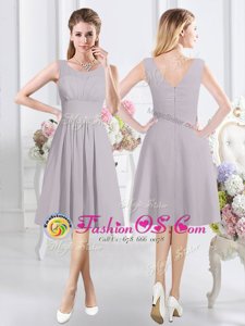 Charming Scoop Sleeveless Knee Length Ruching Zipper Wedding Party Dress with Grey