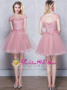 Scoop Pink Short Sleeves Mini Length Lace and Appliques and Belt Lace Up Vestidos de Damas