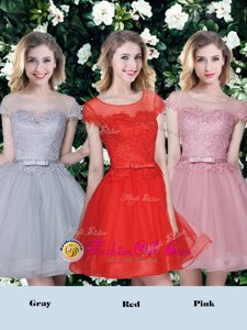Fantastic Red and Pink and Grey Lace Up Scoop Appliques and Belt Damas Dress Tulle Short Sleeves