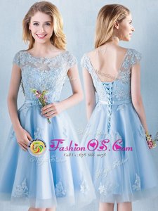 Attractive A-line Wedding Guest Dresses Light Blue Scoop Tulle Short Sleeves Knee Length Lace Up