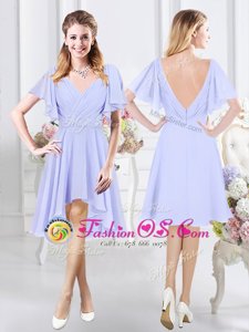 Short Sleeves High Low Ruching Zipper Bridesmaid Dress with Lavender