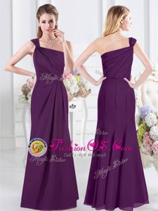 Suitable Floor Length Purple Bridesmaid Gown One Shoulder Sleeveless Side Zipper