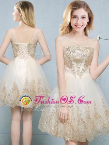 Scoop Sleeveless Lace Up Mini Length Appliques Bridesmaid Gown