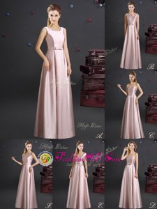 Custom Made Elastic Woven Satin Square Sleeveless Zipper Bowknot Bridesmaid Dress in Pink