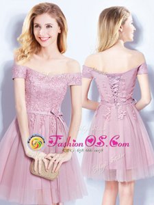 Dazzling Pink Tulle Lace Up Off The Shoulder Sleeveless Mini Length Bridesmaid Dresses Appliques and Belt