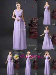 Custom Design Lace and Appliques and Belt Bridesmaid Dress Lavender Lace Up Sleeveless Floor Length