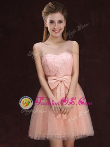 Custom Fit Scoop Tulle and Lace Sleeveless Mini Length Bridesmaid Dresses and Lace and Bowknot