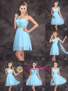 Sweet Mini Length Zipper Court Dresses for Sweet 16 Baby Blue and In for Prom and Party and Wedding Party with Ruffles and Sequins and Ruching and Bowknot and Hand Made Flower