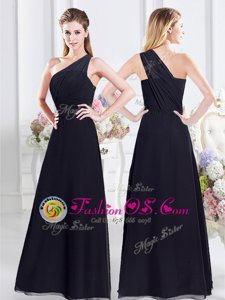 One Shoulder Navy Blue Chiffon Side Zipper Wedding Party Dress Sleeveless Floor Length Ruching