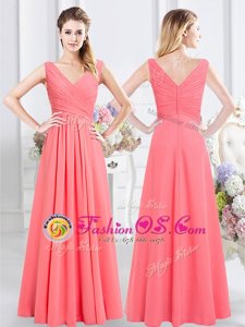 Watermelon Red Bridesmaid Gown Prom and Party and Wedding Party and For with Ruching Sleeveless Zipper