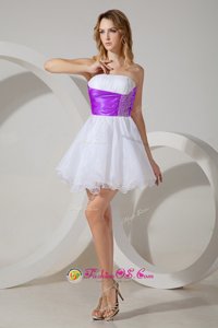 White And Purple A-line Organza Strapless Sleeveless Beading Mini Length Zipper Bridesmaid Dress