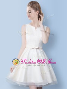Suitable White Lace Up Scoop Bowknot Quinceanera Dama Dress Tulle Sleeveless