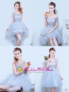 Grey Bridesmaid Dress Prom and Party and Wedding Party and For with Lace and Ruffles and Ruffled Layers and Bowknot Scoop Sleeveless Lace Up