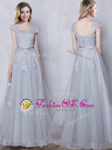Grey Tulle Lace Up Scoop Cap Sleeves Floor Length Quinceanera Dama Dress Lace and Appliques and Belt