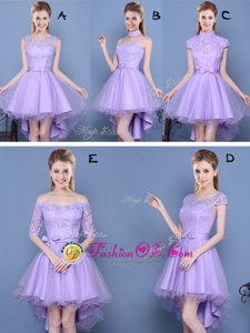 Admirable V-neck Sleeveless Bridesmaid Dresses Mini Length Lace and Appliques and Belt Lavender Organza