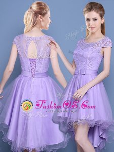 Sumptuous Halter Top Lavender Sleeveless Mini Length Lace and Appliques and Belt Lace Up Quinceanera Court Dresses