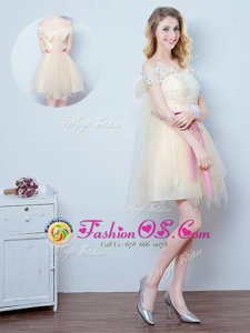 Beauteous Off the Shoulder Mini Length Champagne Bridesmaids Dress Tulle Short Sleeves Lace and Appliques and Ruffles and Bowknot