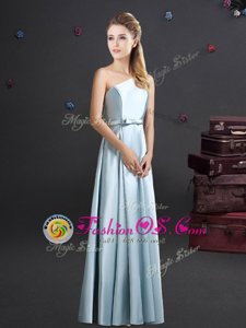 High Quality Light Blue Zipper One Shoulder Bowknot Bridesmaid Dresses Elastic Woven Satin Sleeveless