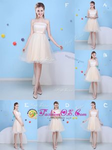Graceful Champagne Tulle Lace Up Bridesmaids Dress Sleeveless Knee Length Bowknot