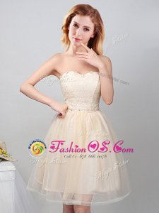Custom Fit Champagne A-line Tulle Sweetheart Sleeveless Lace and Appliques Mini Length Lace Up Bridesmaid Dress