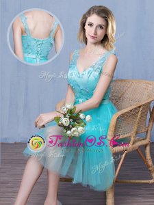 Lace and Appliques and Bowknot Quinceanera Court Dresses Aqua Blue Lace Up Sleeveless Knee Length