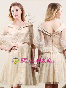 New Arrival Champagne Sleeveless Lace Mini Length Bridesmaid Dress