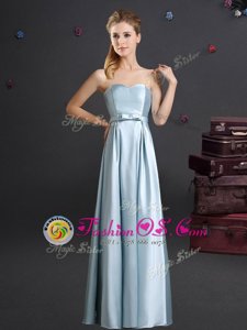 Delicate Off the Shoulder Floor Length Light Blue Damas Dress Tulle Sleeveless Ruching and Bowknot