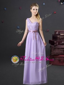 Pretty Lavender Empire Chiffon One Shoulder Sleeveless Lace and Appliques and Belt Floor Length Lace Up Wedding Guest Dresses