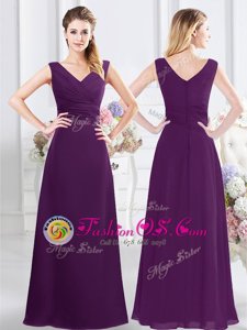 Purple Sleeveless Ruching Floor Length Quinceanera Dama Dress