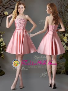 Appliques and Bowknot Bridesmaid Dress Pink Lace Up Sleeveless Mini Length