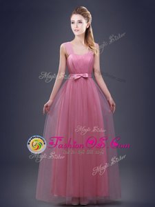 Edgy Pink Empire Tulle Straps Sleeveless Ruching and Bowknot Floor Length Lace Up Bridesmaid Dresses