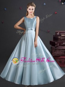 Best Straps Sleeveless Zipper Bridesmaid Gown Light Blue Elastic Woven Satin