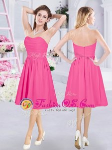 Designer Hot Pink Chiffon Zipper Dama Dress for Quinceanera Sleeveless Knee Length Ruching