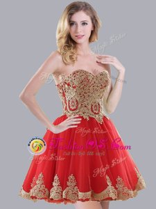 Appliques Wedding Guest Dresses Red Lace Up Sleeveless Mini Length