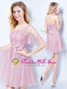 Pink One Shoulder Lace Up Appliques and Belt Dama Dress for Quinceanera Sleeveless